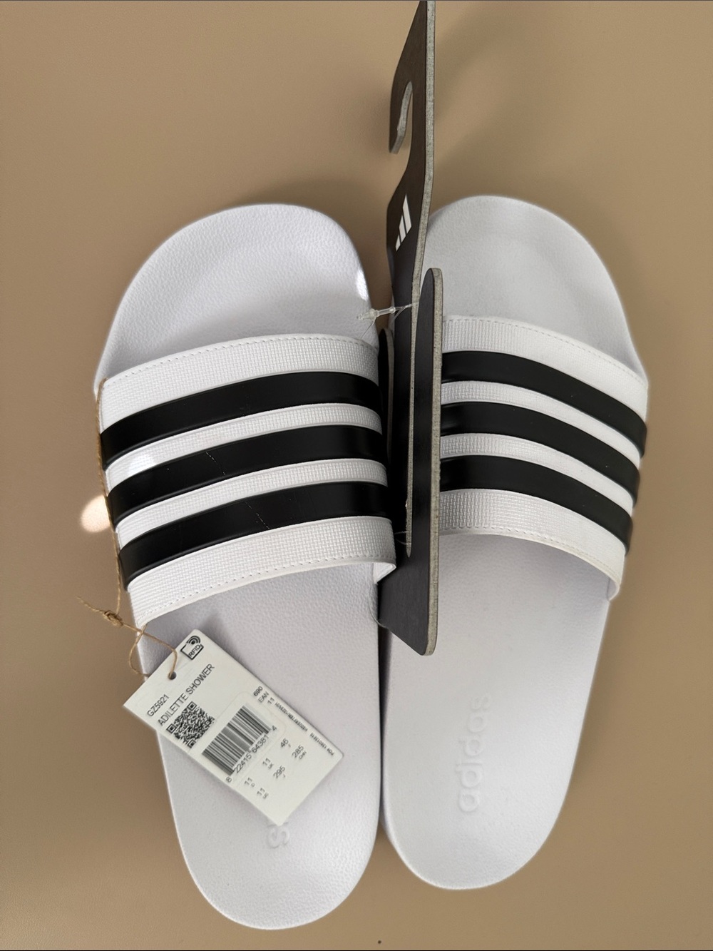 NWT adidas White Adilette Shower Slide Sandals with Black Stripes